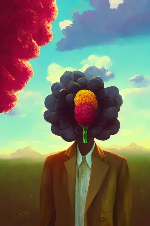 Prompt: portrait, giant flower as a head, black woman in suit, surreal photography, golden hour, colorful clouds, impressionist painting, digital painting, artstation, simon stalenhag