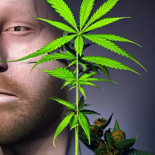 Prompt: limmy brian limond as cannabis plant, realistic artstyle, wide shot, dramatic lighting, octane render, hyperrealistic, high quality, highly detailed, hd, beautiful, cinematic, 8 k, unreal engine, facial accuracy, symmetrical