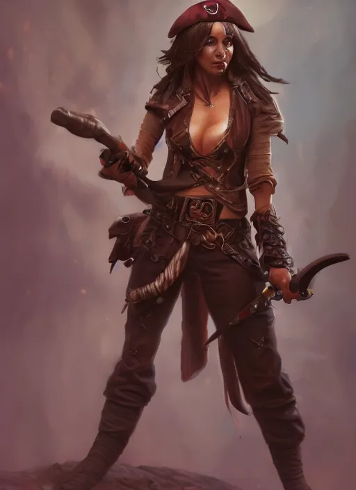 Image similar to full body concept art of a female pirate, airbrushed painting, stunning, featured on artstation, cinematic lighting, hyperdetailed, cgsociety, 8k, dramatic, dark atmosphere, alluring