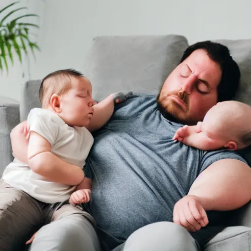 Prompt: a parent falling asleep on the couch with a fat baby eating his ear