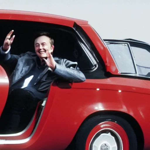 Prompt: close photo of elon musk waving from his lancia fulvia, award winning photograph