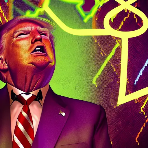 Prompt: President Trump screaming cowboy wall street trader face is melting with dollar signs in eyes, liquified, chrome reflections, black ink, glue dropping, snake oil skin, lit by one neon light from the top, rim lights purple and green, hyper bullish, octane render, cgsociety, autodesk, behance, kiki picasso style