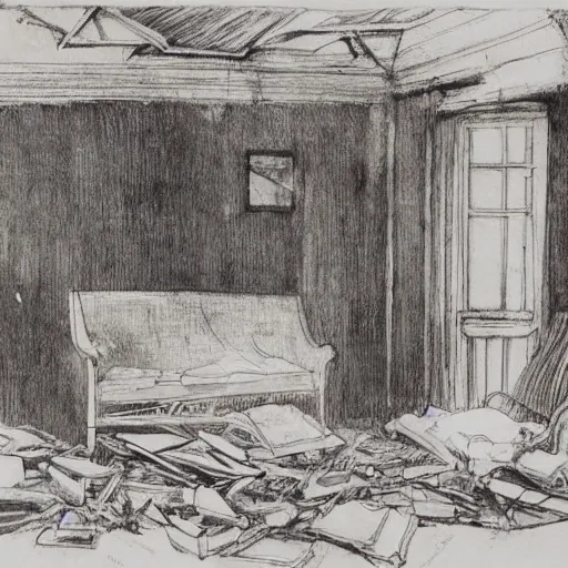 Image similar to dignified, decorative by anders zorn ink drawing, illuminated manuscript. a painting of a room that is wrecked, furniture overturned, belongings strewn about, & debris everywhere. the only thing left intact is a photograph on the wall shows a tidy, well - appointed space, with everything in its place.