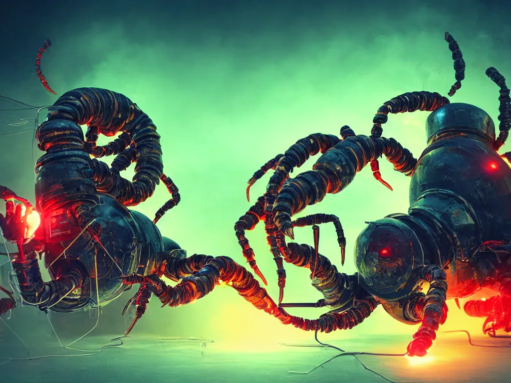 Prompt: A frightening gigantic evil robot scorpion devouring books with pipes and tubes and wires, hyperealistic very colourful hdr cinematic lighting cgi render photorealistic cinematic octane render