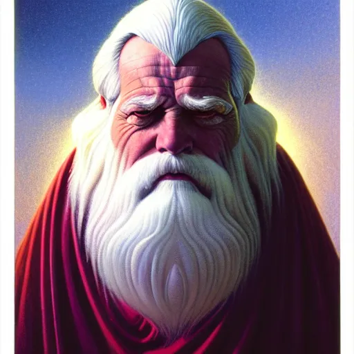 Prompt: cinematic portrait of a cosmic elder goddess, only head and chest, white hair and white beard, intricate, desaturated, Tim Hildebrandt, Wayne Barlowe, Bruce Pennington, donato giancola, larry elmore, maxfield parrish, Moebius, Thomas Ehretsmann, oil on canvas, gouache painting, masterpiece, trending on artstation, cinematic composition, dramatic pose, volumetric lighting, sharp, details, hyper-detailed, HD, 4K, 8K