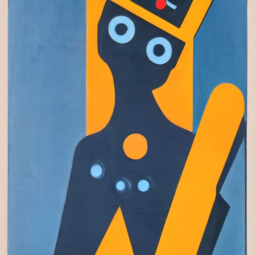 Prompt: An Art Deco Painting of A Robotic Woman, painted with colorful Acrylic Paint on Wood Panel, 1910s-1940s Minimalism, Metropolis. HQ Museum Scan.