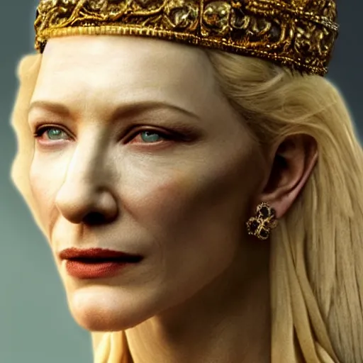 Image similar to Portrait cate blanchett ancient biblical, sultry, sneering, evil, pagan, wicked, queen jezebel, wearing gilded ribes, highly detailed, masterpiece 8K digital illustration