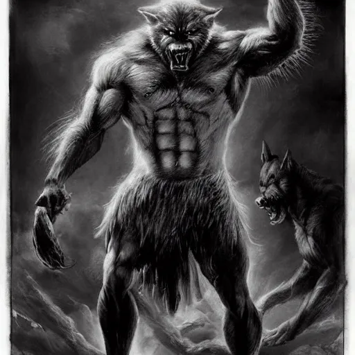 Prompt: werewolf lycanthrope grinning razorpunk vile reprobate jason statham ripped physique portrait Wolfman Wolfman Fenrir with tombow jonas de ro odd nerdrum greg rutkowski frank frazetta alexandre briclot Dave Dorman splatterpaint