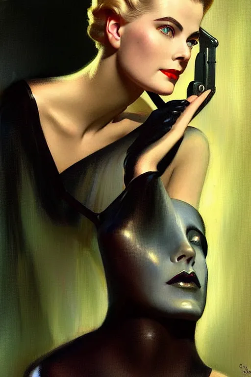 Image similar to beautiful evil cyborg grace kelly by steichen in the style of a modern tom bagshaw, alphonse muca, victor horta, gaston bussiere. anatomically correct. extremely lush detail. masterpiece. melancholic scene infected by night. perfect composition and lighting. sharp focus. high contrast lush surrealistic photorealism. sultry expression.