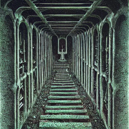 Prompt: ossuary cemetary segmented shelves overgrown, graveyard, vertical shelves, zdzisław beksinski, hr giger, mystical occult symbol in real life, high detail, green fog