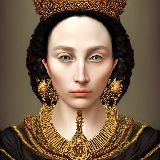 Image similar to portrait, headshot, digital painting, of Mother Ayahuascaa as a 17th century, beautiful female Royal, dark hair, amber jewels, baroque, ornate clothing, scifi, futuristic, realistic, hyperdetailed, chiaroscuro, concept art, art by caravaggio