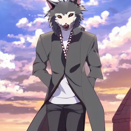 Image similar to key anime visual portrait of an anthropomorphic anthro wolf fursona, in a jacket, with handsome eyes, official modern anime art