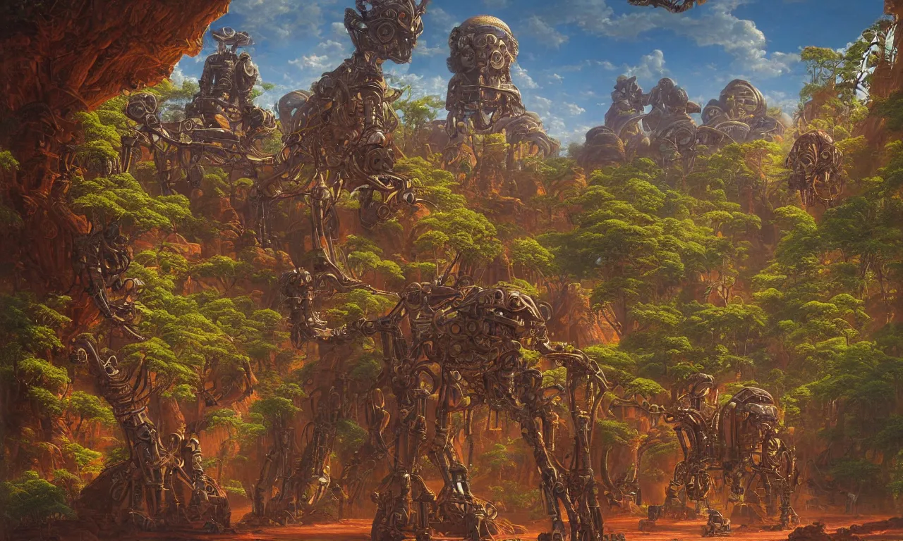 Prompt: a beautiful biomechanical alien robot sri lankan landscape, concept art, intricate detail, volumetric shadows and lighting, realistic oil painting by tim hildebrandt,