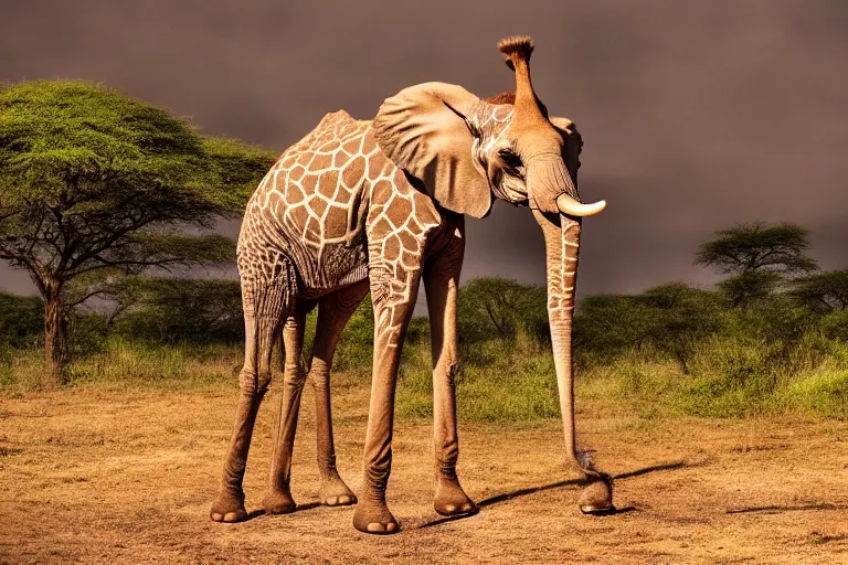 Image similar to a giraffe elephant!!! hybrid! hyper realistic!! realistic lighting!! wildlife photographer of the year!!! bold natural colors, national geographic, hd, wide angle, 8 k