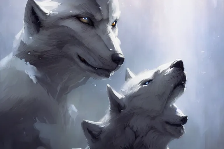 Image similar to white wolves painted by Bastien Lecouffe-Deharme and Cedric Peyravernay, trending on artstation, Frank Frazetta, 4k, 8k, HD