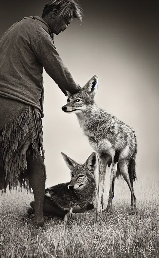 Image similar to Award winning Editorial photo of a Iroquois Native petting a wild coyote by Edward Sherriff Curtis and Lee Jeffries, 85mm ND 5, perfect lighting, gelatin silver process