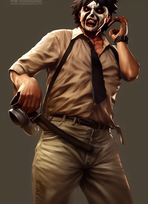 Prompt: leatherface, wide angle view, tan and black color scheme, highly detailed, artgerm, cushart krenz, king of fighters style, trending on artstation, soft light, sharp focus, illustration, character design, concept art