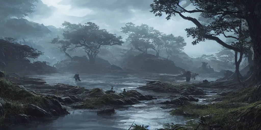 Image similar to an environmental concept art of ghost of tsushima, highly detailed, environmental light, cinematic by francis tneh