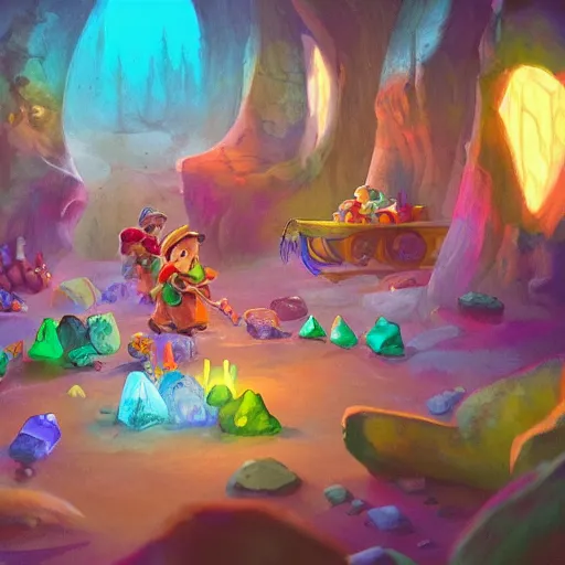 Image similar to a beautiful photo of the seven dwarfs mine, colorful crystals scattered around, and a mine cart full of crystals, natural light, concept art, cozy, atmospheric and cinematic lighting