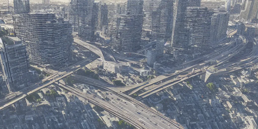 Image similar to drone view of a city with a large highway through, Brutalist architecture,sharp focus,telephoto lens,digital art,Tyler Edlin 4k