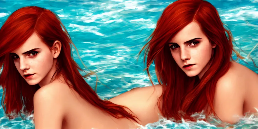 Image similar to highly detailed Red-haired beauty Emma Watson in a bikini , mid-shot ,pixiv , digital Art