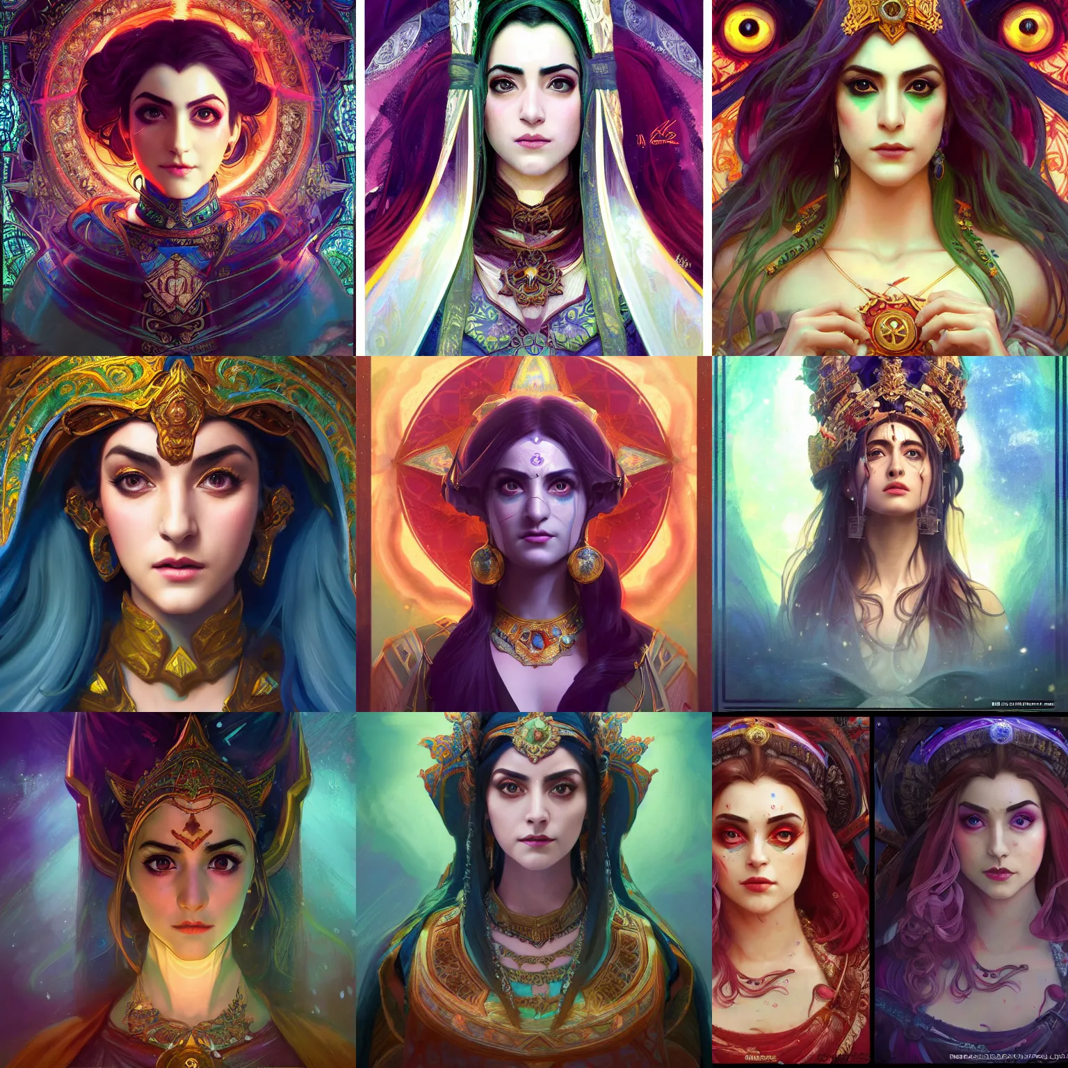 Prompt: masterpiece head-on symmetrical centered painted portrait, Maya Ali as Warcraft Mage, wearing wizard robes, elegant, in the style of ROSSDRAWS and Ruan Jia and Ross Tran and Alphonse Mucha and Ayami Kojima and Charlie Bowater and Karol Bak and Jean Delville, pixar, maya engine, splash comics, global illumination lighting, rich bright colours