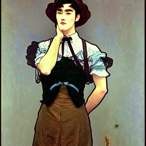 Image similar to full body painting of grumpy handsome thin beautiful young man in his 2 0 s named min - jun in a french female maid outfit, modern clothing, elegant, clear, painting, stylized, delicate facial features, stylized thin lines, soft but grumpy, highly detailed, art, art by alphonse mucha