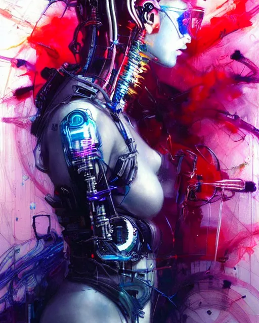 Prompt: female cyberpunk, dark hair, cybernetic implants, wires cables machines, paint drips, paint splatter, vibrant colors, beautiful eyes, by gianni strino and craig mullins and tsutomu nihei and ashely wood