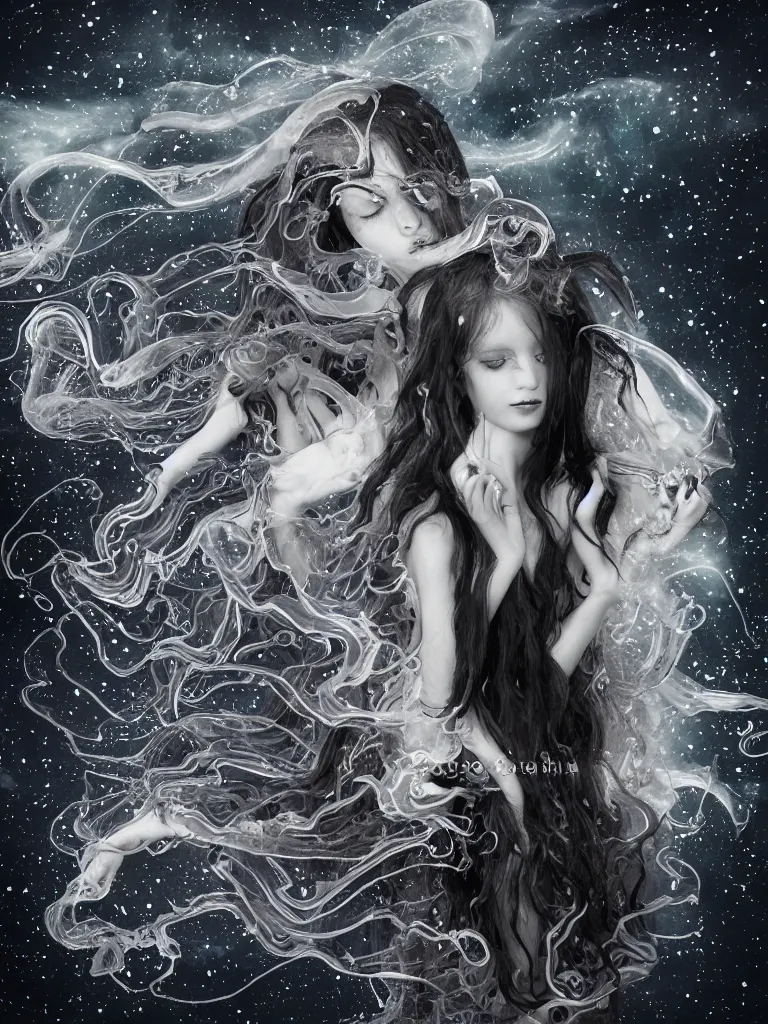 Image similar to cute fumo plush gothic translucent octopus maiden alien girl combing her hair in the waves of the wavering dark galactic abyss, black dress with ribbons, ocean wave thunderstorm and reflective splashing water, black and white, ocean simulation, vignette, vray