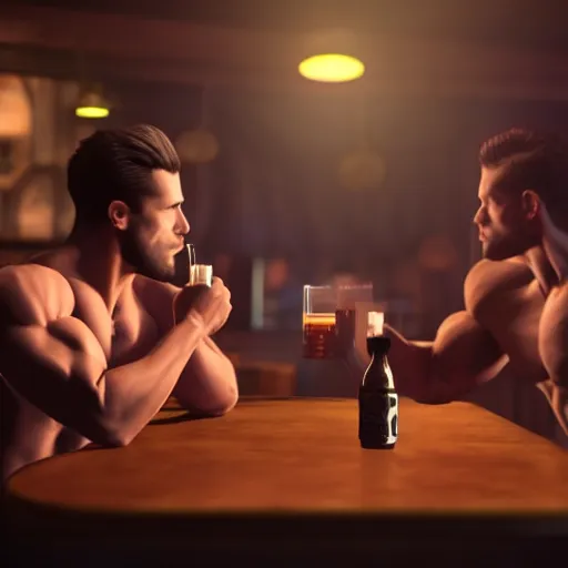 Image similar to cinematic scene with attractive muscular male and another attractive muscular male, drinking their hearts out, in the pub, very detailed, volumetric lighting, still frame