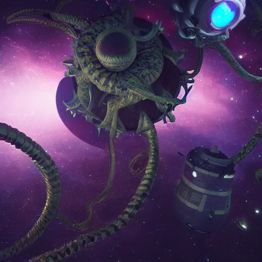 Image similar to a giant cosmic space kraken attacking an orbital space station, hype realistic, volumetric lighting, cosmic horror, Art station, Octane render, Unreal Engine 3D