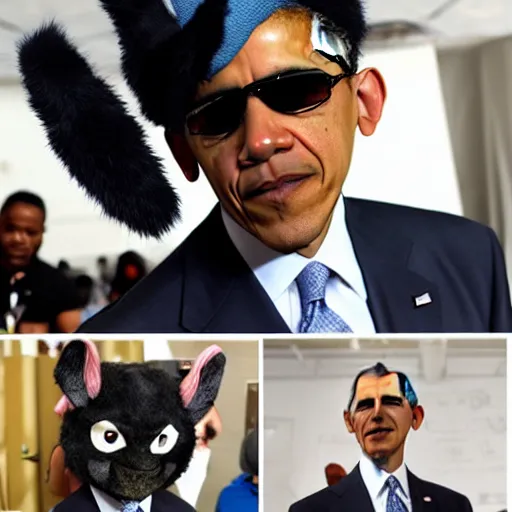 Image similar to Obama as a furry cosplayer wearing a fedora at Comic Con, neckbeard, cringelord