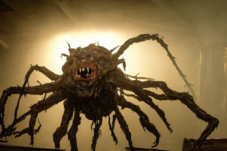 Image similar to film still of an oily monster abomination with carapace and antennae clinging to the ceiling of an old cabin's living room, horror movie, eerie, creepy, dark, amazing lighting, great cinematography, directed by scott derrickson