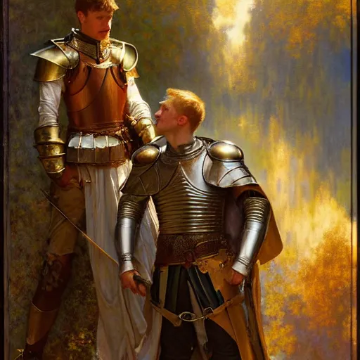 Image similar to attractive arthur pendragon and his attractive male knight, they are in love, natural lighting, path traced, highly detailed, high quality, digital painting, by gaston bussiere, craig mullins, alphonse mucha j. c. leyendecker