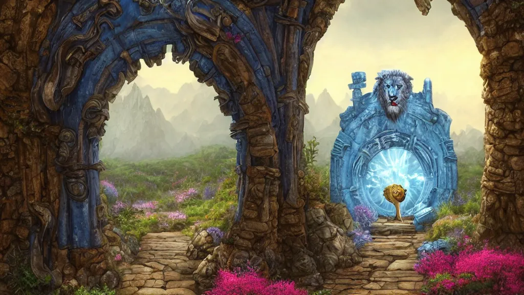 Prompt: A giant medieval fantasy blue energy portal gate with a rusty gold carved lion face at the center of it, the portal takes you to another world, full of colorful flowers on the lost Vibes and mountains in the background, spring, delicate fog, sea breeze rises in the air, by andreas rocha and john howe, and Martin Johnson Heade, featured on artstation, featured on behance, golden ratio, ultrawide angle, f32, well composed