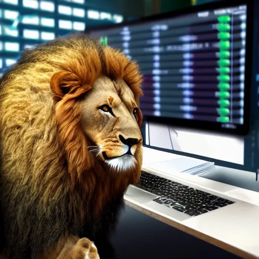 Prompt: Lion using computer, trading stocks, candle stick chart on screen, digital art, realistic, trending on artstation