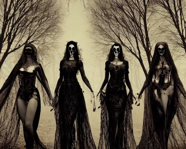 Image similar to three stunning otherworldly gothic goddesses of beauty wearing psychedelic wicca and skulls, full body, dark and mysterious, atmospheric, ominous, eerie, cinematic light, epic, 8 k 3 d, ultra detail, ultra realistic