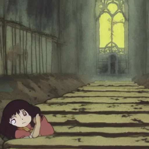 Image similar to ghost of a young girl, a burnt out church, cel shaded, studio ghibli, hayao miyazaki