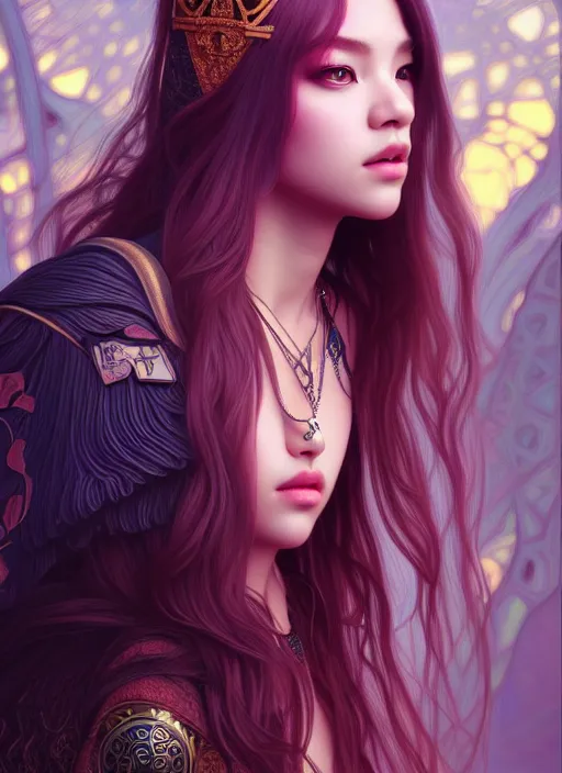 Image similar to jossi of blackpink, king, tarot card, highly detailed, digital painting, smooth, sharp focus, illustration, ultra realistic, unreal engine, 8 k, art by artgerm and alphonse mucha