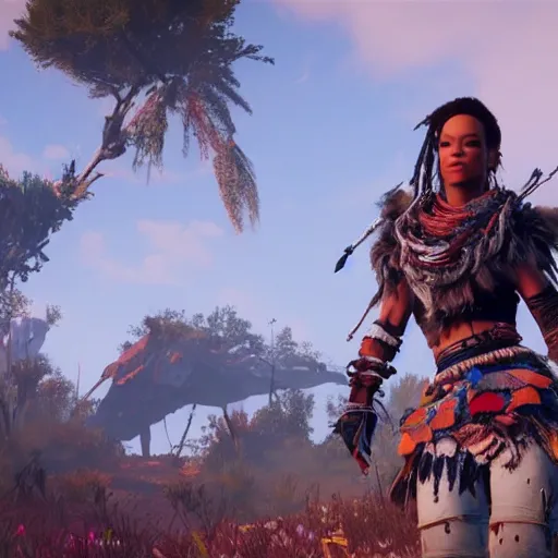 Prompt: rihanna in horizon zero dawn ( 2 0 1 7 ), 8 k wide shot