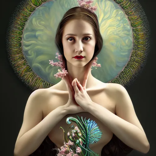 Prompt: portrait of a young attractive nerdy woman in flowing sensual dress, arrogant, long fine flowing hair, delicate, looking at camera, slightly awkward smile, realistic face, realistic hands, stylish, elegant, grimdark fantasy, flowers, extremely detailed painting inspired by Gerald Brom and Ernst Haeckel and Monia Merlo, studio lighting