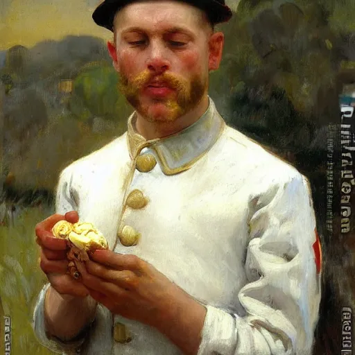 Prompt: portrait, crying male soldier with an ice cream in his hand by emile friant