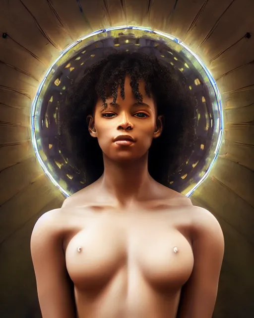 Prompt: beautiful centered fine art portrait of beautiful black girl with white solarpunk mecha humanoid head parts with led lights, sexy pudica pose gesture, by bouguereau, ultra - realistic and intricate, hdr 8 k