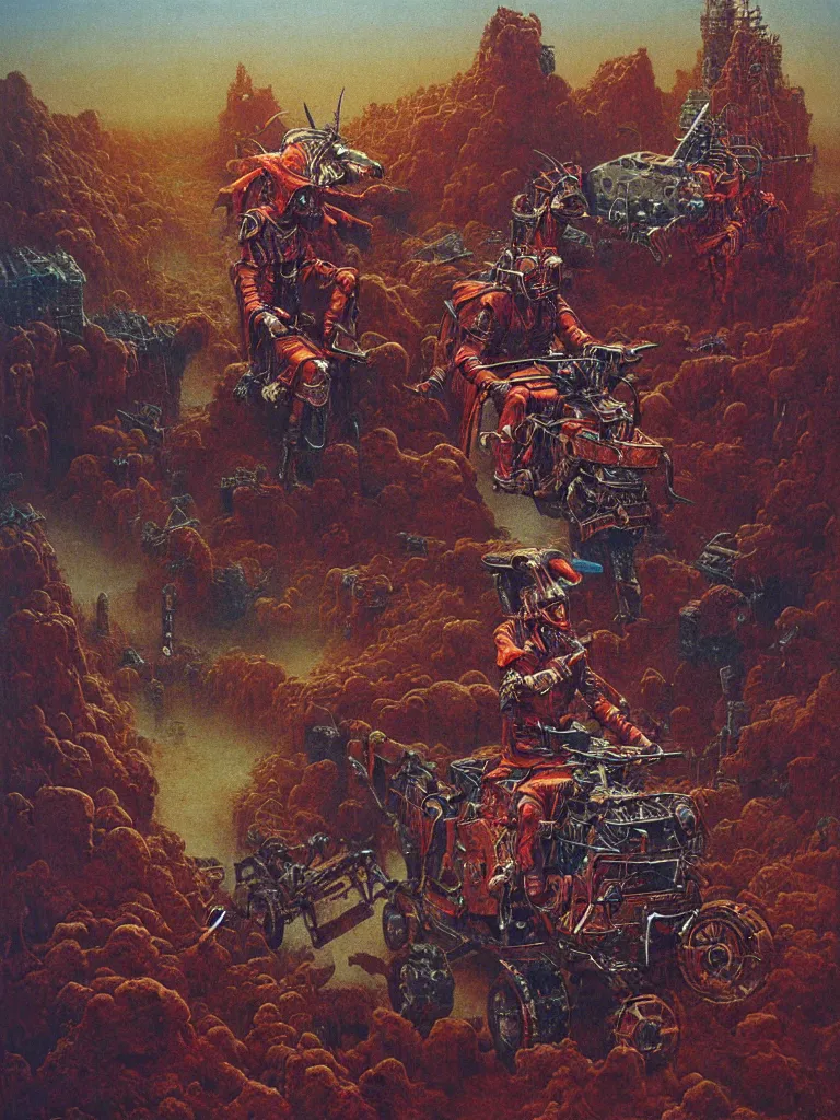 Image similar to epic llama wizard riding futuristic quadbike through the gates of hell, wearing samurai armour, and firing missiles, highly detailed beksinski painting