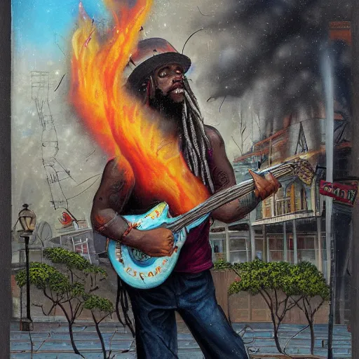 Prompt: man with dreadlocks playing guitar in front of burning building in New Orleans by Peter Mohrbacher