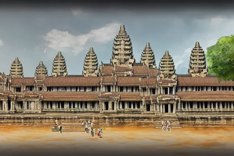 Prompt: Angkor Wat in 1253 covered in white marble and gold, surrounded by a large village, full of people, concept art, digital painting by Shaddy Safadi, highly detailed, historically accurate