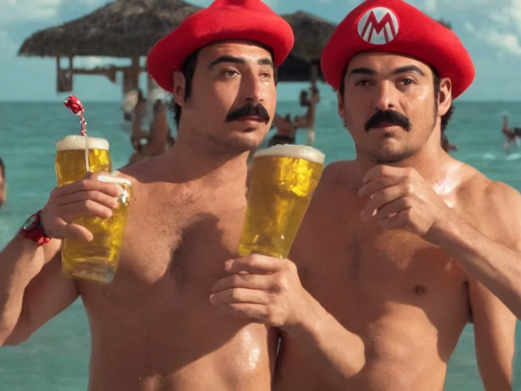 Image similar to Close up of Mario with a beer in a hat in Harmony Korine Spring Breakers film aesthetic!!! photorealistic