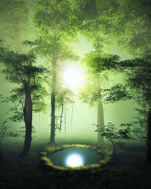 Prompt: a mystical pond in the middle of a lush forest at night during an eclipse, minimalist design, dark and dim lighting, beautiful, tranquil, moody, cinematic, fantasy, 3 5 mm lens, volumetric lighting, first person view, photographic render, hyper realistic