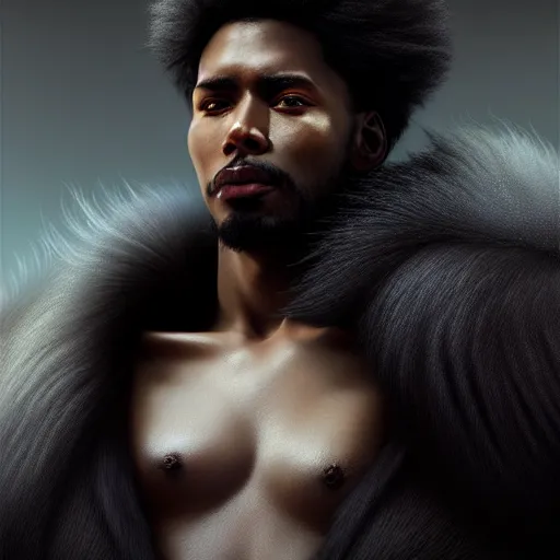 Image similar to portrait painting of a beautiful black man with cut scars and cropped hair wearing a tattered fur coat, ultra realistic, concept art, intricate details, eerie, highly detailed, photorealistic, octane render, 8 k, unreal engine. art by artgerm and greg rutkowski and charlie bowater and magali villeneuve and alphonse mucha