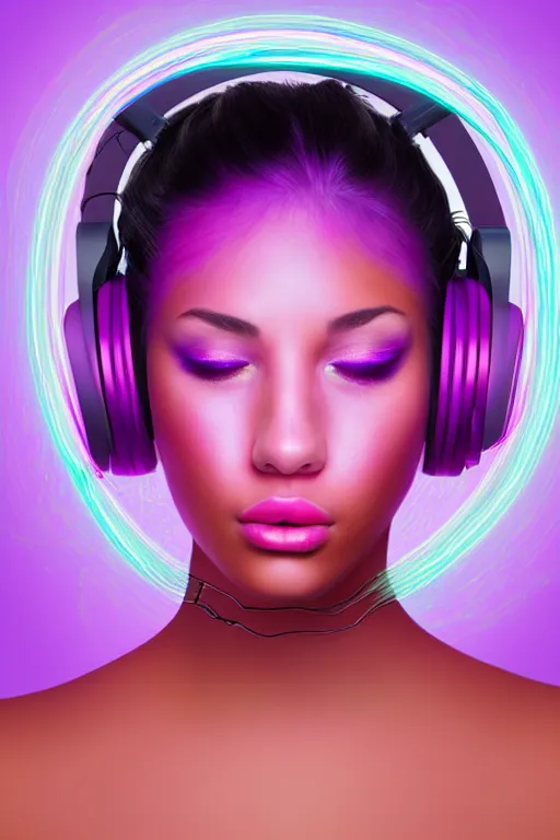 Image similar to a award winning half body portrait of a beautiful woman with stunning eyes in a croptop and cargo pants with ombre purple pink teal hairstyle dancing while listening to music with headphones on her ears by thomas danthony, surrounded by whirling illuminated lines, outrun, vaporware, shaded flat illustration, digital art, trending on artstation, highly detailed, fine detail, intricate